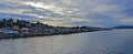 Campbell River Waterfront Landscape Panorama from Johnstone Strait in Evening Light, Vancouver Island, British Columbia Royalty Free Stock Photo