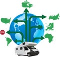 Camper with arrows road signs international tourism Royalty Free Stock Photo