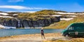 Camper car at mountain lake Flotvatnet, Aurlandsfjellet Norway Royalty Free Stock Photo