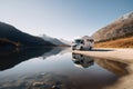 Camper car on nature lake in Norway. Holidays in motor home. Generative AI Royalty Free Stock Photo