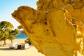 Camper car at rock formations Bolnuevo, Spain