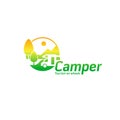 Camper icon. House on wheels logo. Gradient badge with camper silhouette and landscape.