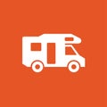 Camper icon. House on wheels logo. White car with van on an orange background. Royalty Free Stock Photo