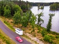 Camper on lake in Tuchola Forests, Poland. Aerial view