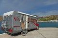 Camper parked with panoramic view of the harbor and bay of Kapsali in Kythira island, Greece