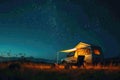 A camper parked in a wide open field beneath a starry night sky, An idyllic camping scene under a twinkling starry summer sky, AI