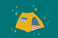 Camper RV for camping. Tent house for recreation in the forest. Camping outdoor recreation in the circle of doodle stars