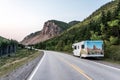 Camper RV truck parked Cape Breton Island Coast highway road scenic Cabot Trail route Nova Scotia Highlands Canada Royalty Free Stock Photo