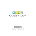 Tourism emblem. Logo Campers. Travel logo. Symbols of water, road, forest and sun on a light background. Royalty Free Stock Photo