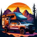 Camper with tourists with toit against the backdrop of mountains and sunset. Sticker for your design Royalty Free Stock Photo