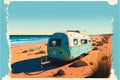 Camper trailer on the beach. Vector illustration in vintage style. Royalty Free Stock Photo