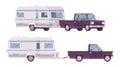 Camper trailer black car and covered wagon, family camping trip