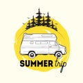 Camper trailer or campervan driving against spruce trees on background and summer trip inscription. Recreational vehicle