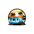 camper trailer, caravan trailer camping in the beach illustration vector