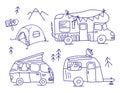 Camper and trailer doodle set. Camping van hand drawn collection. outdoor camping tent. Royalty Free Stock Photo