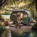 Camper Trailer on the Edge of a Crystal-Clear River