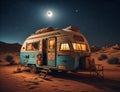 Camper trailer sitting in the middle of a desert. Made with artificial intelligence (AI)