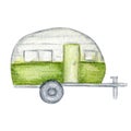 Camper trailer watercolor isolated on white background illustration. Vacation tourism travel camp, summer car home trip Royalty Free Stock Photo