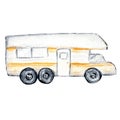 Camper trailer watercolor isolated on white background illustration. Vacation tourism travel camp, summer car home trip Royalty Free Stock Photo