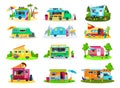 Camper trailers, travel house, camping vehicles icon set of vector illustrations. Trailers and hindcarriages for tourism