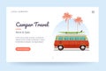 Camper travel website template. Surfing retro van illustration. Home page concept. UI design mockup. Royalty Free Stock Photo