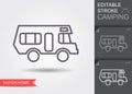 Camper van. Camping car icon. Outline icon with editable stroke. Linear symbol of camping with shadow.