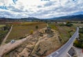 Camper Van on Centum Cellas mysterious ancient tower drone aerial view in Belmonte, Portugal