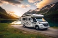 camper van embarks on an exciting road trip adventure through a stunning mountain landscape.