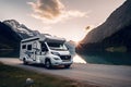 camper van embarks on an exciting road trip adventure through a stunning mountain landscape.