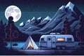 Camper van and fireplace - night mountain, full moon and forest background image