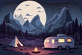 Camper van and fireplace - night mountain, full moon and forest background image