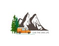 Camper van with forest and mountains in the background. Living van life, camping in the nature, travelling. Live the van life text