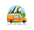 Camper van with forest and mountains in the background. Living van life, camping in the nature, travelling.