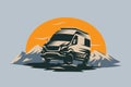 Camper van illustration with rocks and mountains. Royalty Free Stock Photo