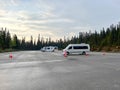 A camper van in the Lake Louise parking lot in Banff National Park in Canada