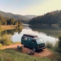 Camper van on the lake in the mountains. Camping in nature