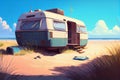 Camper van motor home on the sandy beach. Car traveling illustration. Freedom vacation travel