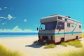 Camper van motor home on the sandy beach. Car traveling illustration. Freedom vacation travel