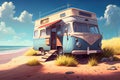 Camper van motor home on the sandy beach. Car traveling illustration. Freedom vacation travel
