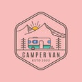 camper van mountain and sun line art logo vector symbol illustration design Royalty Free Stock Photo