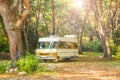 Camper van parked in forest on sunny summer day