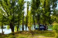 Camper van parked under trees