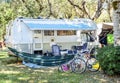 Camper van on parking in camping not far from Trieste, Italy. Royalty Free Stock Photo