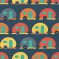 Camper van seamless vector pattern. Retro Caravans red, blue, yellow, orange seamless vector background. Scandinavian flat style. Royalty Free Stock Photo