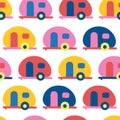 Camper van seamless vector pattern. Retro Caravans red, blue, yellow, pink seamless vector background. Scandinavian flat Royalty Free Stock Photo