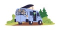 Camper van, travel car. Summer holiday campervan, recreational vehicle. RV transport with bicycle for camping, adventure