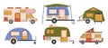 Camper Vans Set, Versatile Vehicles For Travel And Camping, Equipped With Sleeping, Cooking, And Living Amenities