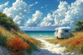 Camper on wheels on the ocean coast in a beautiful place. Wild camping by the sea Royalty Free Stock Photo