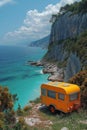 Camper on wheels on the ocean coast in a beautiful place. Wild camping by the sea Royalty Free Stock Photo