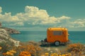 Camper on wheels on the ocean coast in a beautiful place. Wild camping by the sea Royalty Free Stock Photo